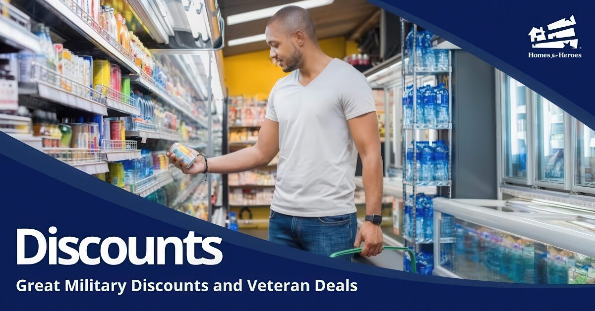 man shopping in beverage section at supermarket grocery store looking for deals military discounts Homes for Heroes