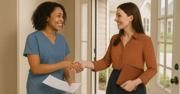 nurse in scrubs meeting real estate agent for home showing shaking hands in entry with paperwork