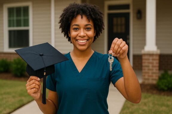 nursing student holding graduation hat keys to new home after using home loan for nurses ChatGPT-AI